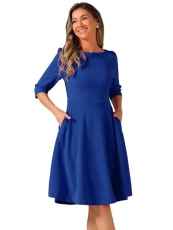 Wear to Work Dress for Women's Boat Neck Short Sleeves Midi Flared Office Dresses Royal Blue S
