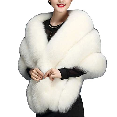 Wedding Faux Fur Bridal Scarves Jacket Stoles Women's Thicken Faux Fur Wrap Shawls Shrug Warm Poncho for Winter Wedding Dress White