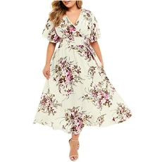 Wedding Guest Dresses for Women Tall V Neck Floral Print Beach Dress Womens Summer Casual Wrap Dress Chiffon Dresses for Women Ruched Sale Clearance