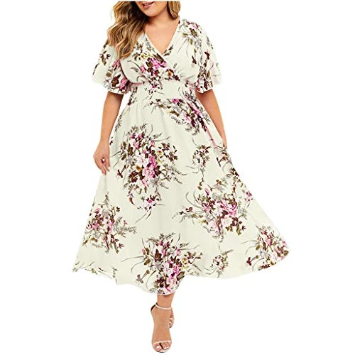 Wedding Guest Dresses for Women Tall V Neck Floral Print Beach Dress Womens Summer Casual Wrap Dress Chiffon Dresses for Women Ruched Sale Clearance