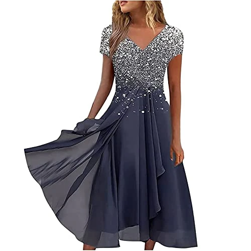 Wedding Guest Dresses for Women UK Short Sleeve Wrap Dress Chiffon Empire Waist A Line Dress Bridesmaid Dresses Occasion Evening Dress Plus Size Summer Dresses 8-22 UK Sale