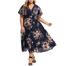 Wedding Guest Dresses for Women Wrap Sale Clearance, V Neck Round Neck Long Dress Womens Summer Casual Wrap Dress Chiffon Dresses for Women Crew Neck Gifts for Women