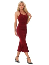 Wedding Guest Dresses for Women's Halter Neck Ruched Party Dress Wine Red S Wedding Guest Dresses for Women's Halter Neck Ruched Party Dress Wine Red S