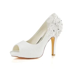 Wedding Shoes Lace Wedding Shoes Ivory Lace Peep Toe High Heel Bridal Shoes (EU38/UK5,