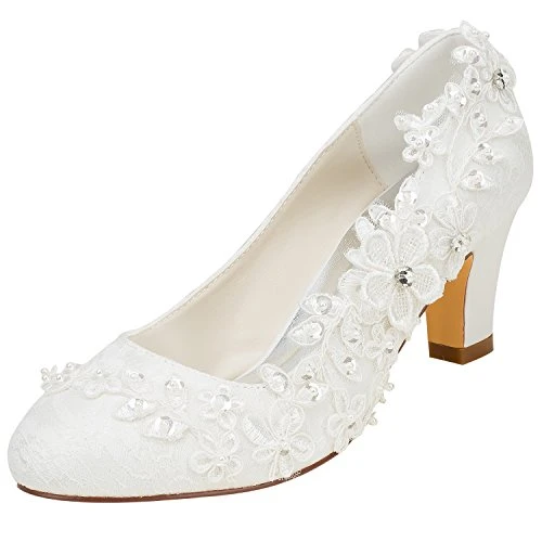 Wedding Shoes Women's Silk Like Satin Chunky Heel Pumps with Stitching Lace Flower Crys