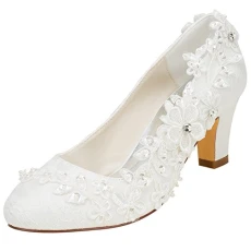 Wedding Shoes Women's Silk Like Satin Chunky Heel Pumps with Stitching Lace Flower Crys