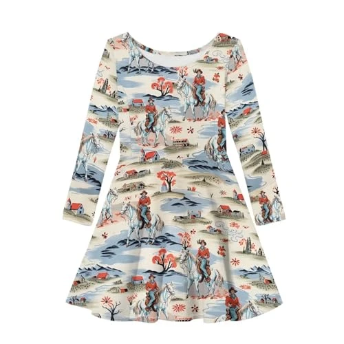 Western Cowboy Spring Dresses for Girls Age 3-4 Years Teens Dress Clothes Outfits Long Sleeve Shirts Party Favor Dress Youth Midi Sundress Skirts