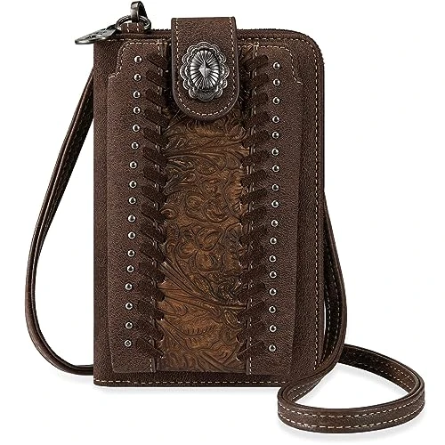 Western Small Crossbody Cell Phone Purses for Women CellPhone Wallet Bag, Tooled Brown, S