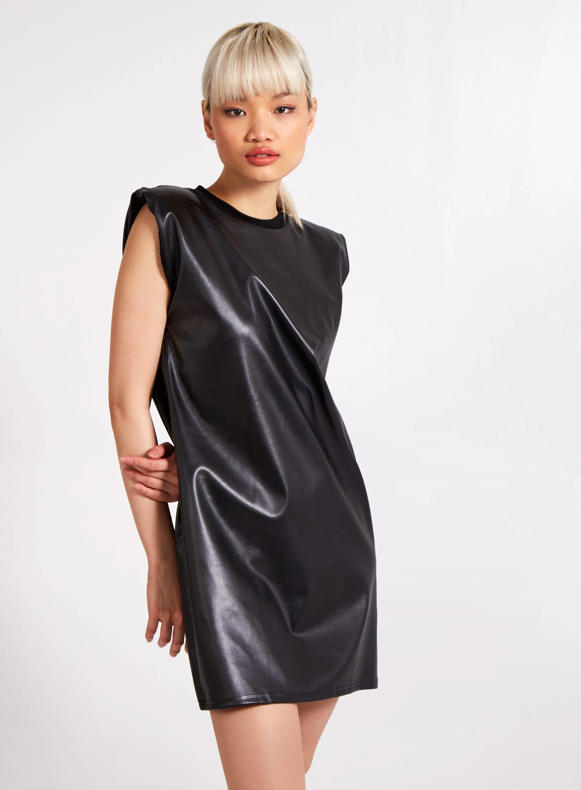 Wet Look PU Shoulder Pad Dress  - 10  - Black