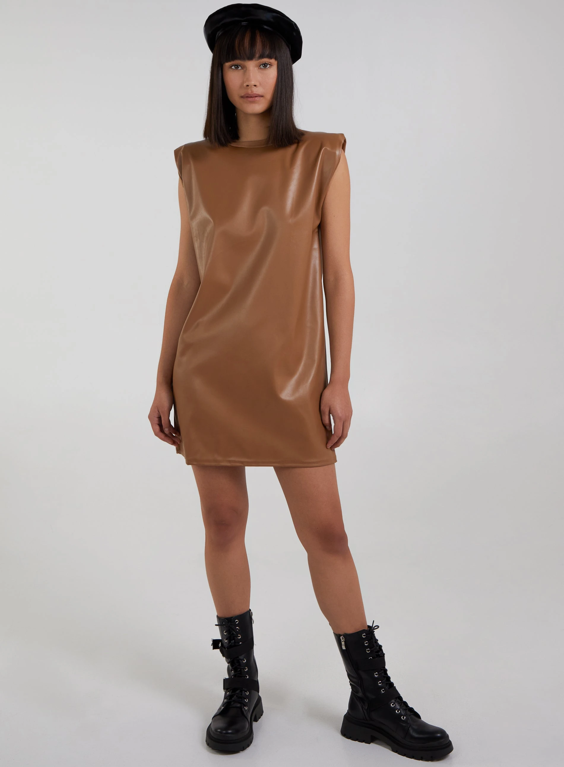 Wet Look PU Shoulder Pad Dress  - 12  - Tan