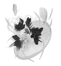 White and Black Sinamay Disc Saucer Fascinator Hat for Women Weddings Headband