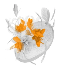 White and Orange Sinamay Disc Saucer Fascinator Hat for Women Weddings Headband