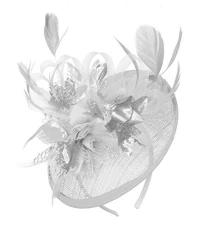White and Silver Sinamay Disc Saucer Fascinator Hat for Women Weddings Headband