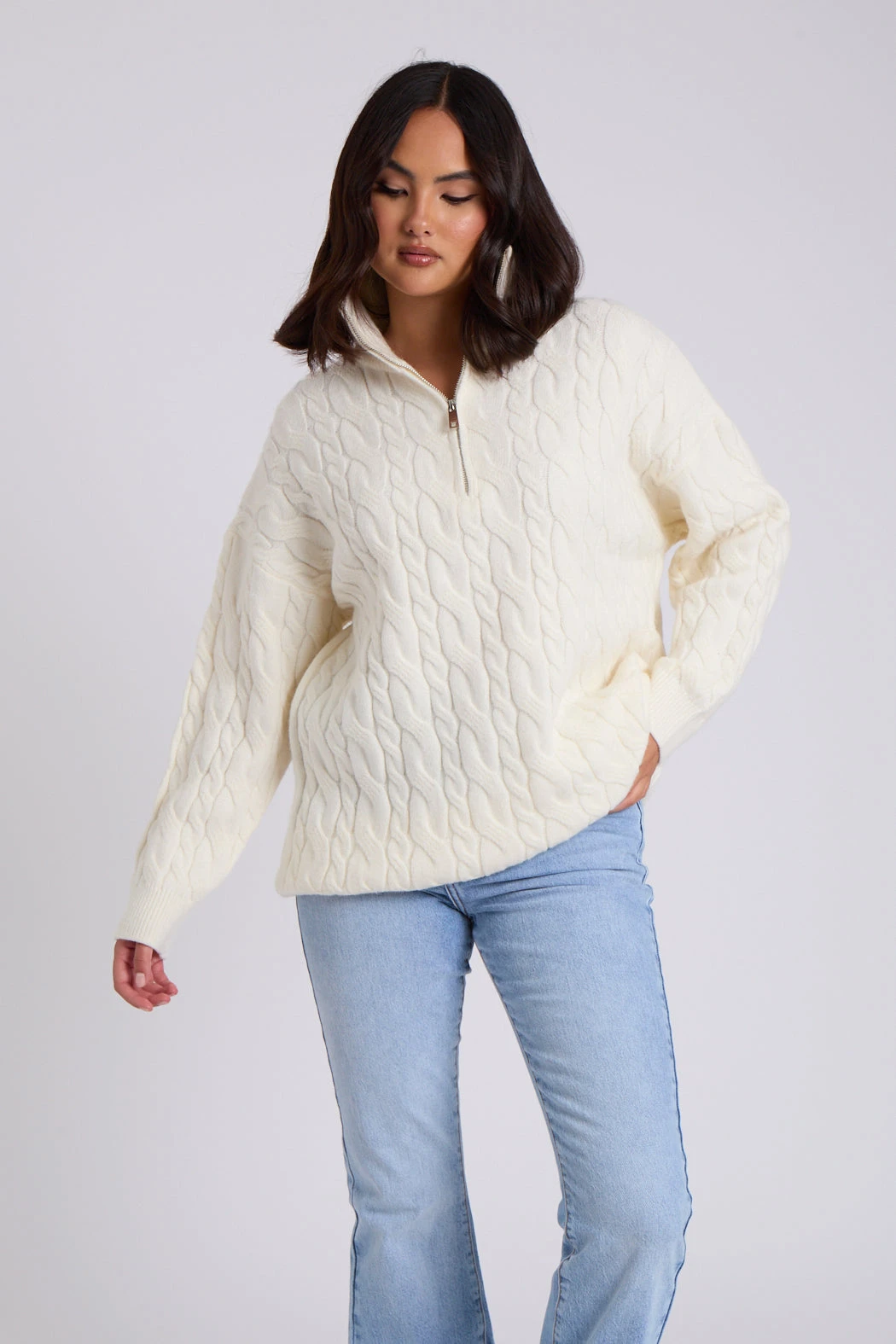 White Cable Zip Neck Jumper /