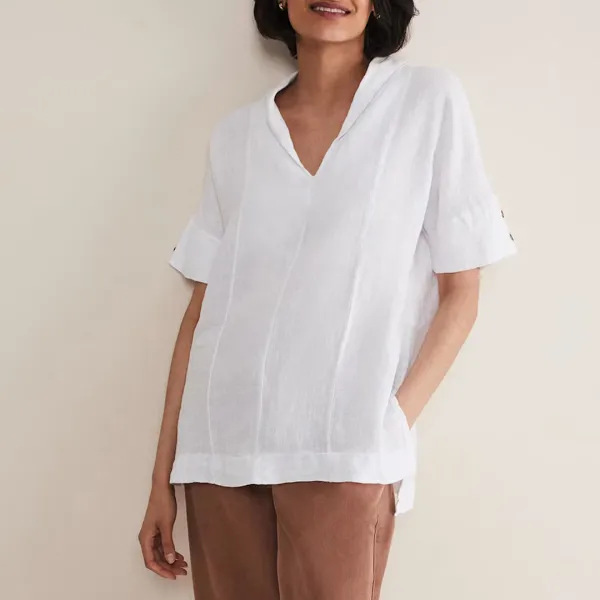 White Carita V-Neck Linen Blouse - White