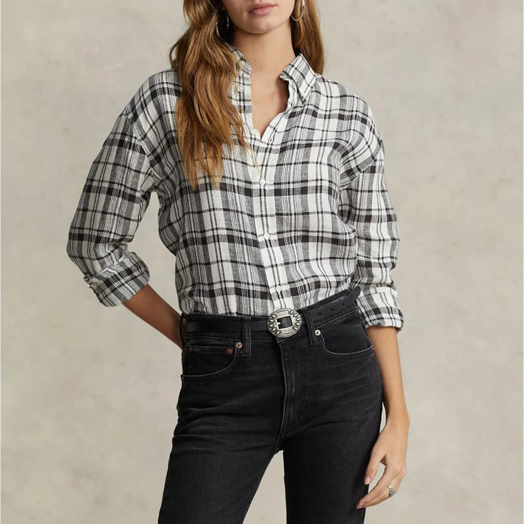 White Check Linen Shirt - Black
