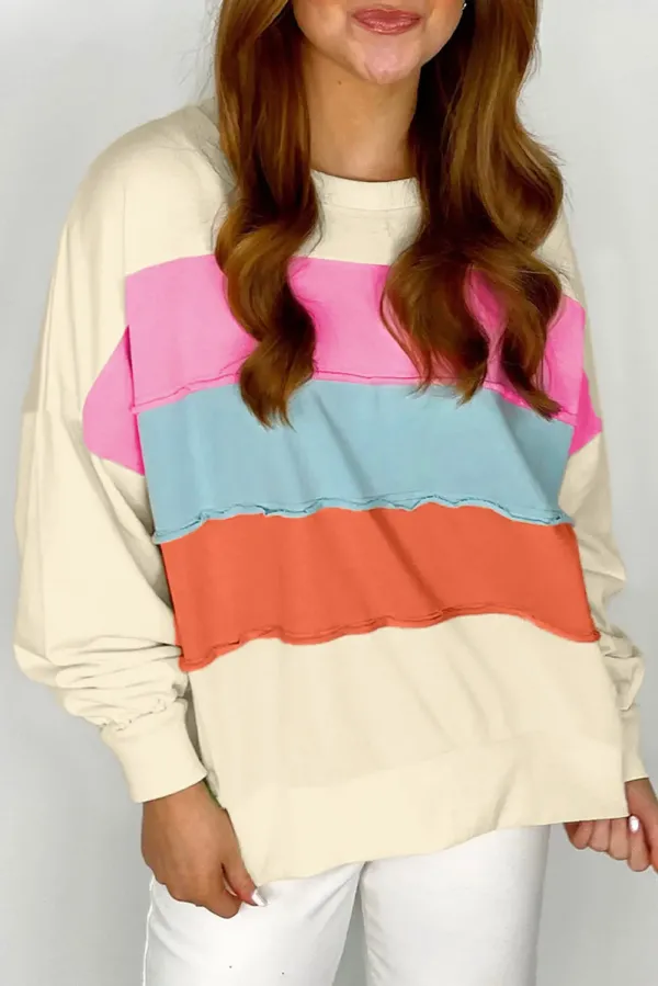White Colorblock Patchwork Crewneck Drop Shoulder Sweatshirt - WHITE / L / 70%POLYESTER+30%COTTON