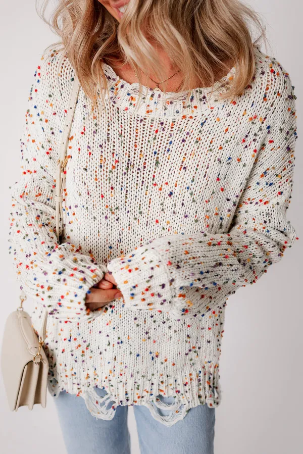 White Colourful Confetti Distressed Knit Sweater - WHITE / L / 100%POLYESTER