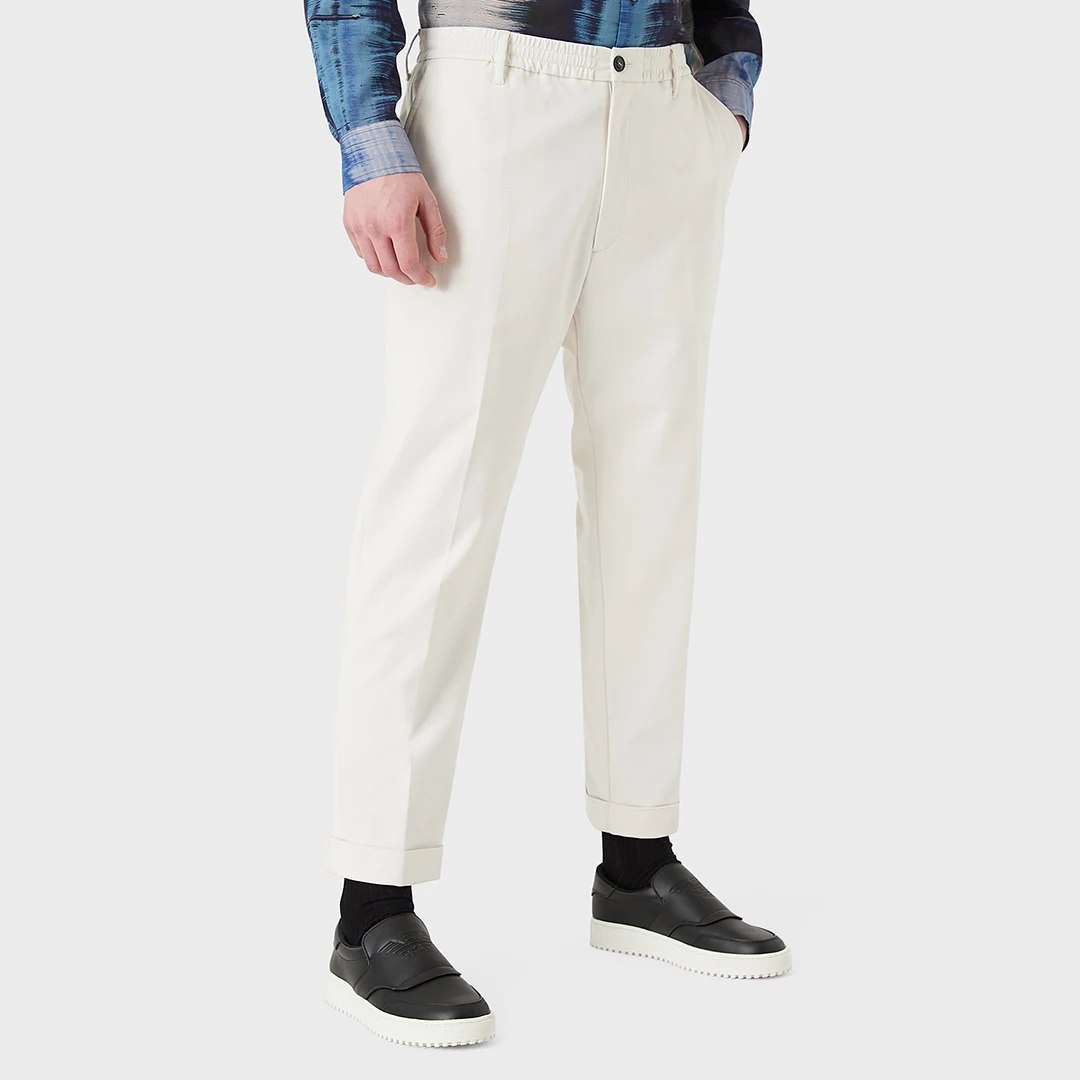 White Cotton Blend Trousers - Cream