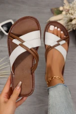 White Criss Cross PU Leather Flat Sandals - WHITE /