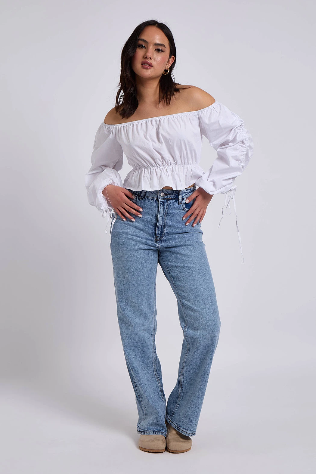 White Drawstring Edge Sleeve Bardot /