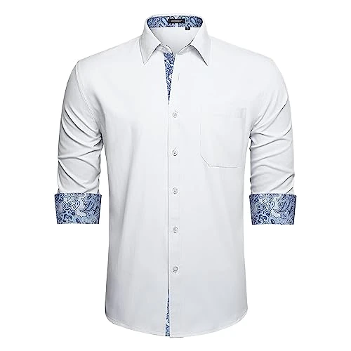 White Dress Shirt for Men Long Sleeve Casual Button Down Shirts Formal Bussiness Regular Fit Inner C