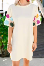White Floral Crochet Splicing Sleeve T Shirt Dress - WHITE / / 85%POLYESTER+%COTTON+%ELASTANE