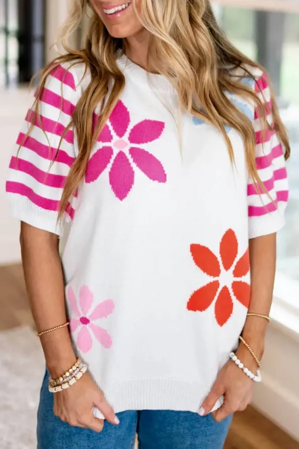 White Floral Pattern Striped Sleeve Sweater T Shirt - WHITE / / %VISCOSE+%POLYESTER+%POLYAMIDE - WHITE