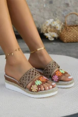 White Floral Print Braided Details Wedge Sandals - WHITE /