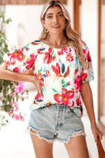 White Floral Print Puffy Half Sleeve Blouse - White /