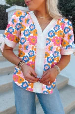 White Floral Striped Edge V Neck Knotted Short Sleeve Blouse - White / / 100%Cotton