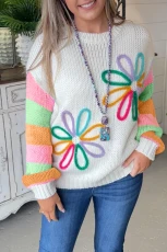 White Flower Graphic Colorblock Sleeve Crew Neck Sweater - WHITE / / 100%ACRYLIC
