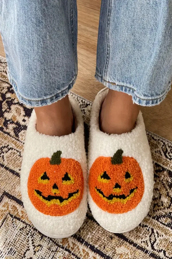 White Halloween Pumpkin Print Plush Slippers (Runs Small, Size Up) - WHITE / 38