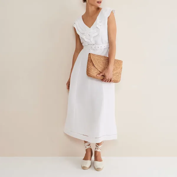 White Julieta Frill Linen Blend Dress - White