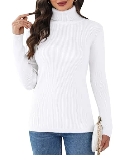 White Jumpers for Women UK Turtle Neck Jumper Tops Ladies Ribbed Knitted Sweaters Long Sleeve Autumn Winter Warm Pullover Tunic White L