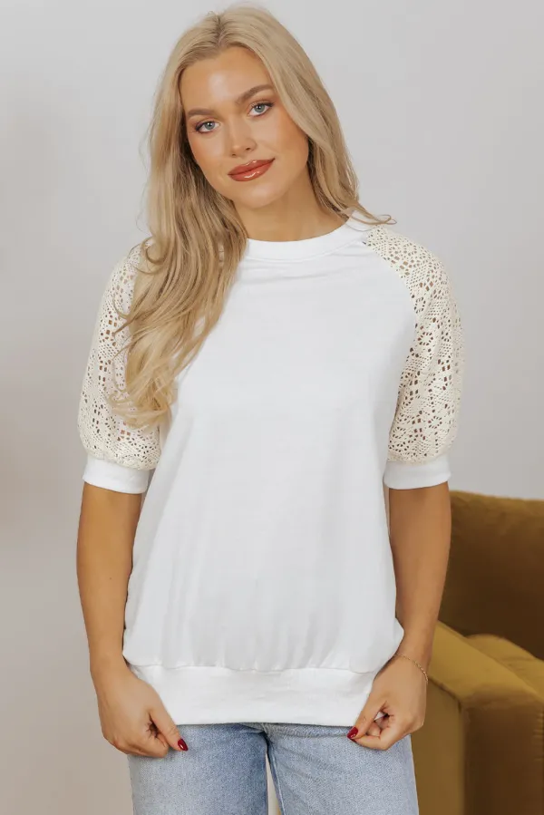 White Lace Crochet Short Sleeve Round Neck T Shirt - White / / 85%Polyester+%Cotton+%Elastane - White