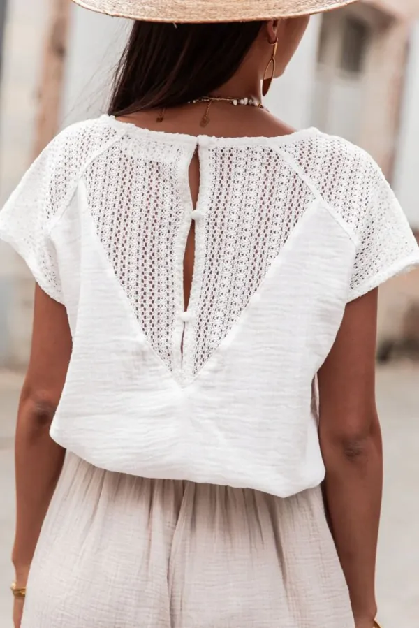 White Lace Crochet Textured Button Back V Neck T Shirt - White / / 100%Cotton - White