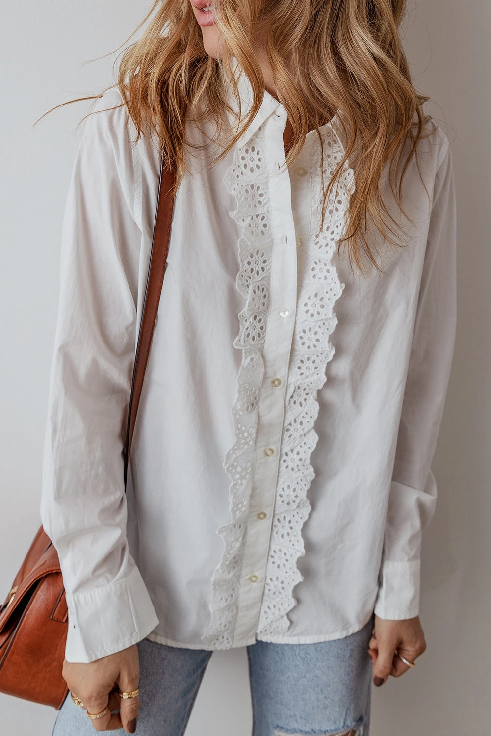 White Lace Crochet Trim Turn Down Collar Buttoned Shirt - WHITE / / 100%COTTON