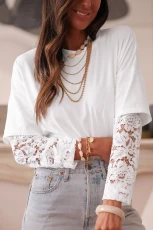 White Lace Long Sleeve Insert Drop Shoulder Tee - White / / %Polyester+%Cotton+%Elastane