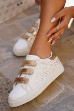 White Leopard Colour Block Velcro Straps PU Leather Trainers - White /