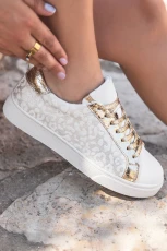 White Leopard Print Lace Up Sneaker - White /