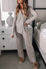 White Leopard Print Long Sleeve and Pants Pyjamas Set - WHITE / / 95%POLYESTER+%ELASTANE