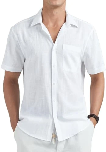 White Linen Short Sleeve Shirts for Men Casual Button Down Lightweight Shirts with Pocket for Summer