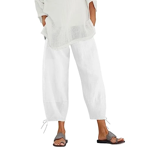 White Linen Trousers Womens Plus Size, Wide Leg Cotton Palazzo Trousers for Women UK with Pockets Print Cotton Cropped Pants Linen Cropped Trousers Womens Jogger Sweatpants Holiday Essentials