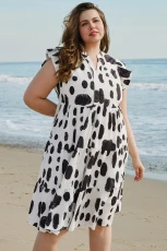 White Polka Dot Print Ruffled Sleeve Pocketed Plus Size Midi Dress - White / 1X / 100%Polyester