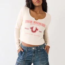 White Ribbed Notch Long Sleeve Top