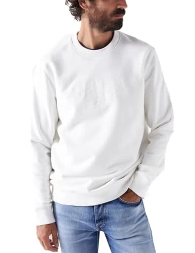 White Round Neck Sweatshirt with Branding for Men, white, S