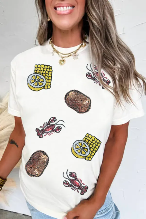 White Sequin Crawfish Potato Lemon Corn Graphic Crewneck T Shirt - White / 2XL / %Polyester+%Cotton+%Elastane