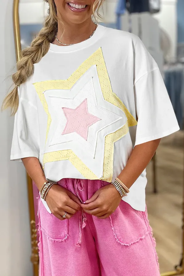 White Star Layered Patched Graphic Drop Shoulder Half Sleeve Loose Tee - White / / 95%Cotton+%Elastane - White