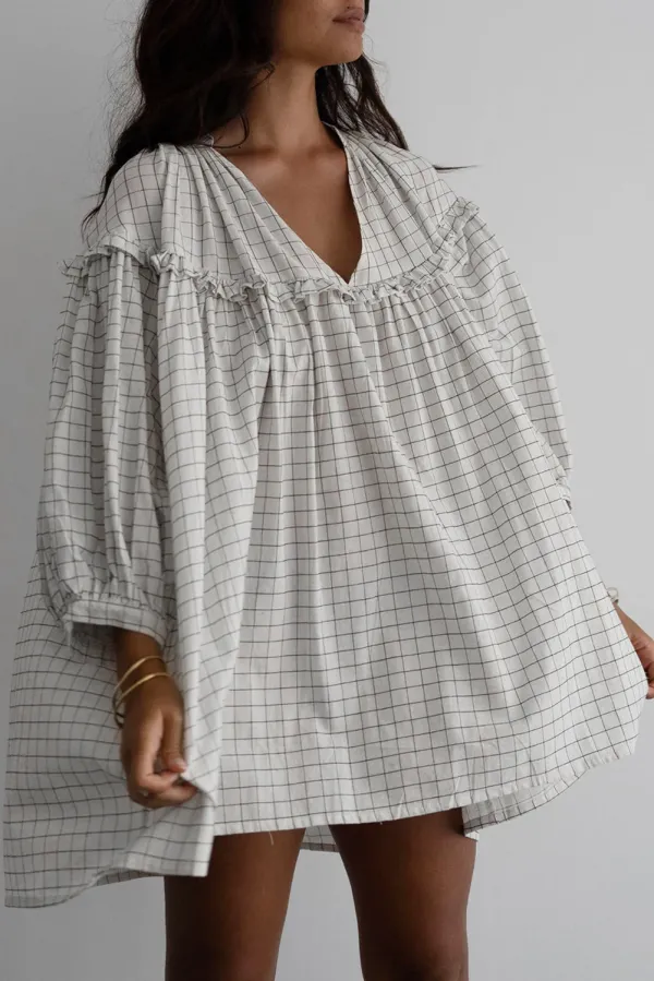 White Stripe Checkered Frilled V Neck Bracelet Sleeve Babydoll Dress - WHITE STRIPE / M / 60%COTTON+40%VISCOSE